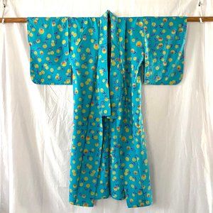 Vintage Japanese Cotton Yukata Kimono - Turquoise w/ Yellow Flowers